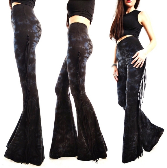 High Waisted Fringe Bell Bottoms in Black & Grey TIE DYE Rocker Festival Metal - Picture 4 of 8